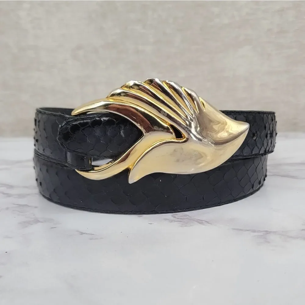 Leather Shop Belt Black Snakeskin Snake Animal Print with Gold Toned Buckle